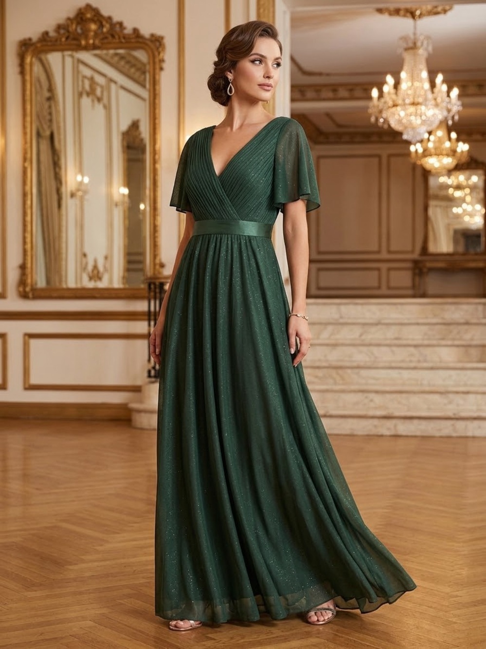 Ever Pretty Forest Green V-Neck Flutter Sleeve Maxi Dress